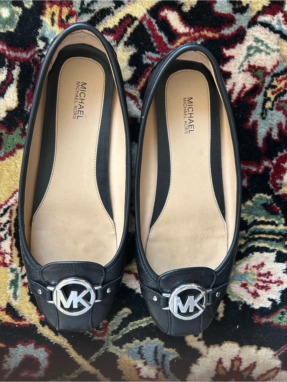 Michael Kors Black Leather MK Logo Slip-On Ballet Flats